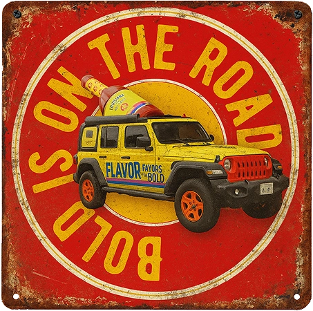 A red tin of a Louisiana Hot Sauce Jeep, Bold Is On The Road
